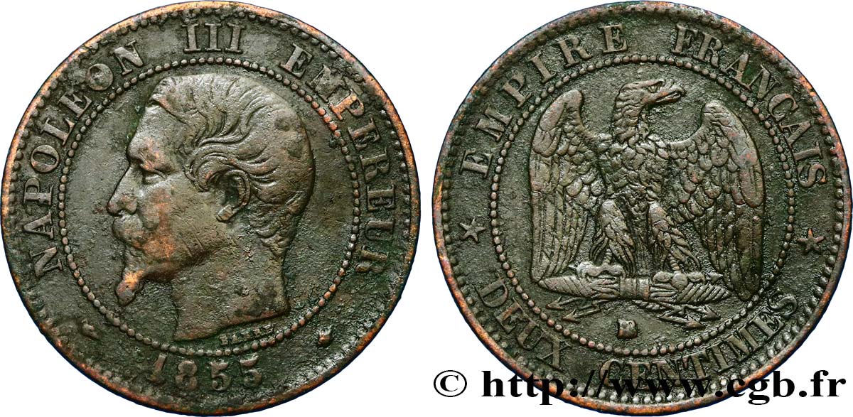 Deux centimes Napoléon III, tête nue 1855 Strasbourg F.107/23 BC+ 
