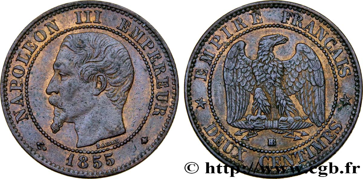 Deux centimes Napoléon III, tête nue 1855 Strasbourg F.107/24 AU54 