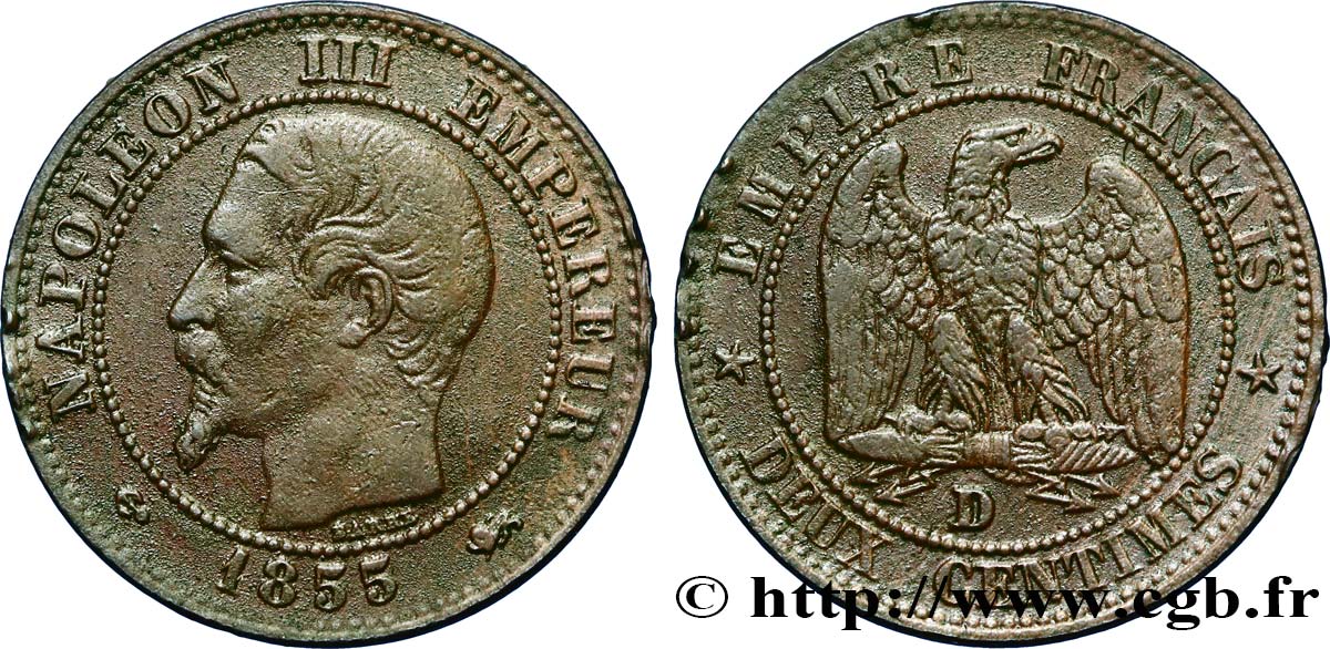 Deux centimes Napoléon III, tête nue, différent ancre, grand D et grand lion 1855 Lyon F.107/27 TB35 