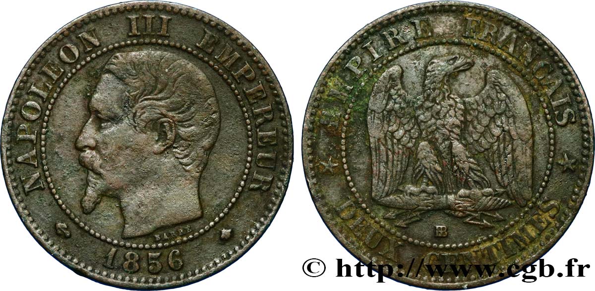 Deux centimes Napoléon III, tête nue 1856 Strasbourg F.107/39 BC35 
