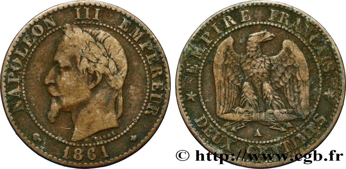 Deux centimes Napoléon III, tête laurée 1861 Paris F.108/1 MB25 