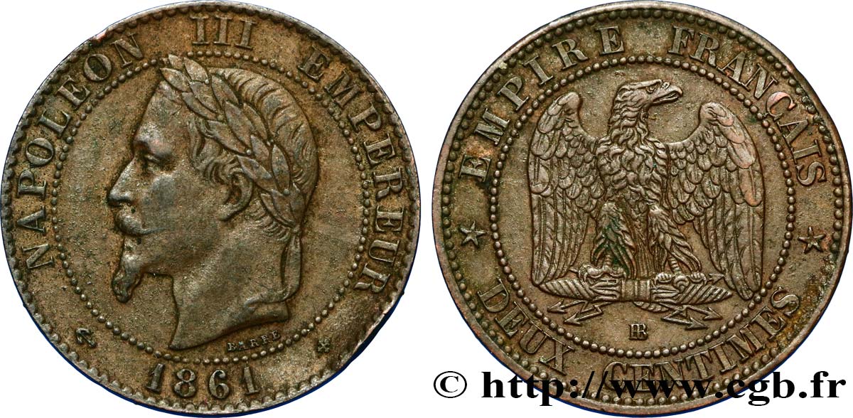 Deux centimes Napoléon III, tête laurée 1861 Strasbourg F.108/2 TTB48 