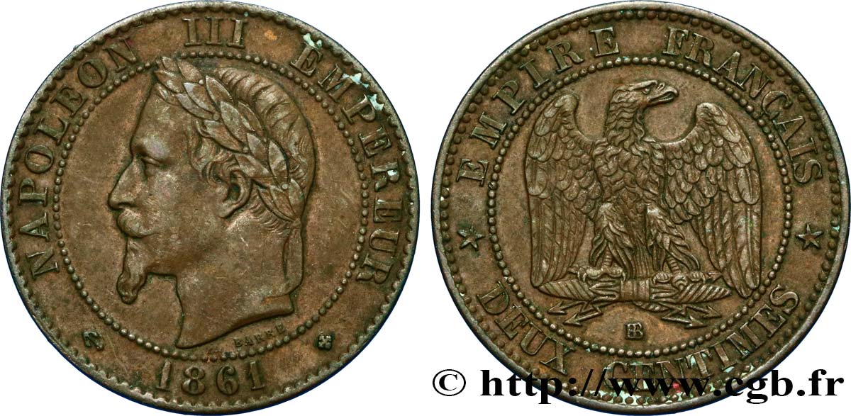 Deux centimes Napoléon III, tête laurée 1861 Strasbourg F.108/2 XF48 