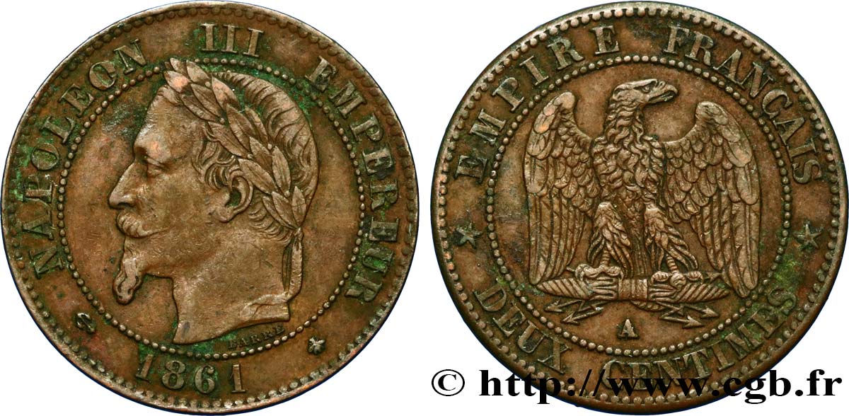 Deux centimes Napoléon III, tête laurée 1861 Paris F.108A/1 MBC45 