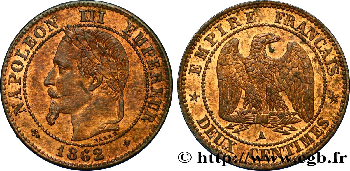 Deux centimes Napoléon III, tête laurée 1862 Paris F.108A/4 EBC62 