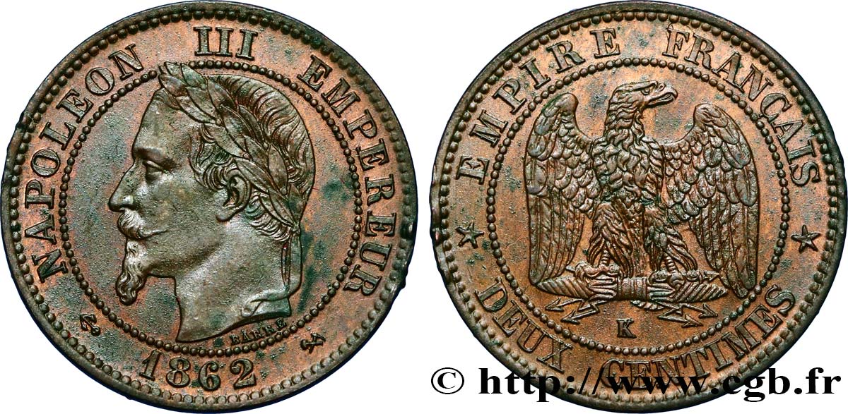 Deux centimes Napoléon III, tête laurée, buste définitif 1862 Bordeaux F.108A/7 SUP55 