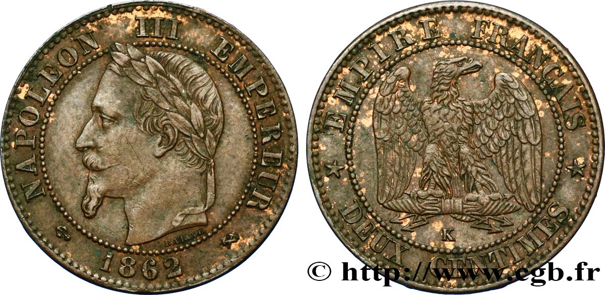 Deux centimes Napoléon III, tête laurée, buste définitif 1862 Bordeaux F.108A/7 AU50 