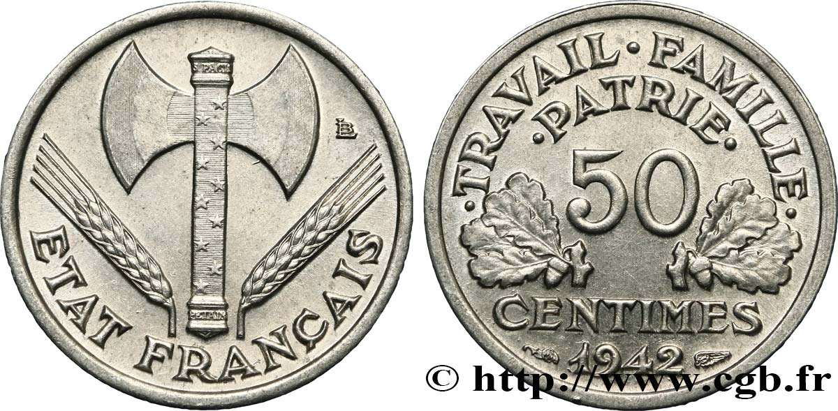 50 centimes Francisque, lourde 1942 Paris F.195/3 SUP62 