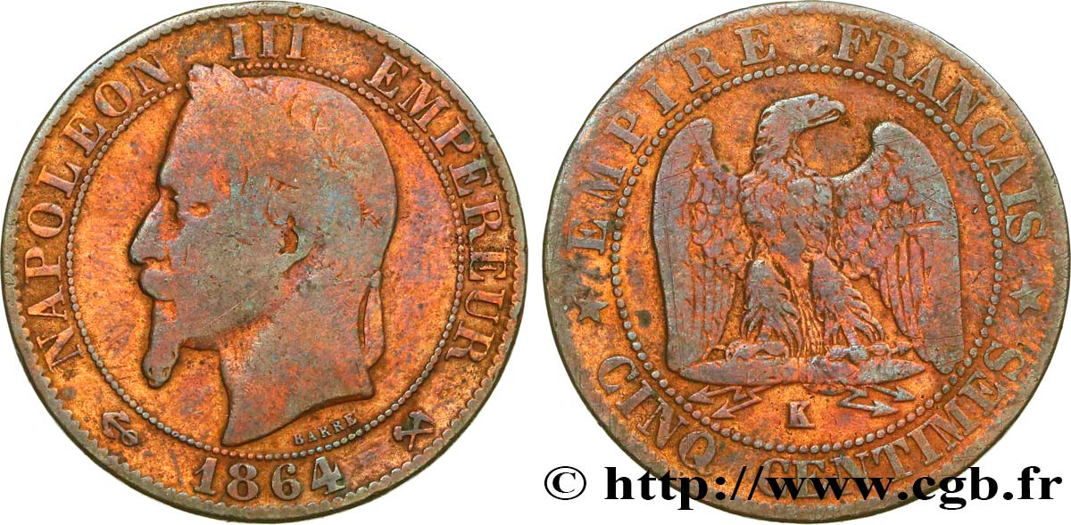 Cinq centimes Napoléon III, tête laurée 1864 Bordeaux F.117/15 TB 