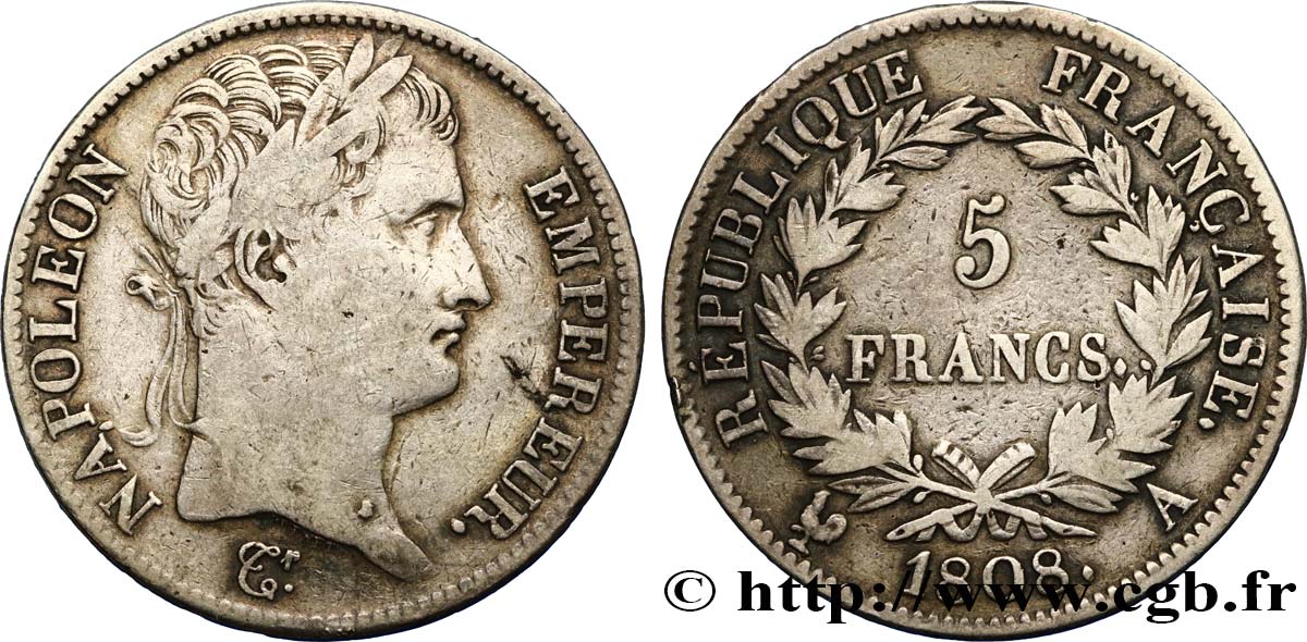 5 francs Napoléon Empereur, République française, Tranche Fautée en *IEU 1808 Paris F.306/2 S25 