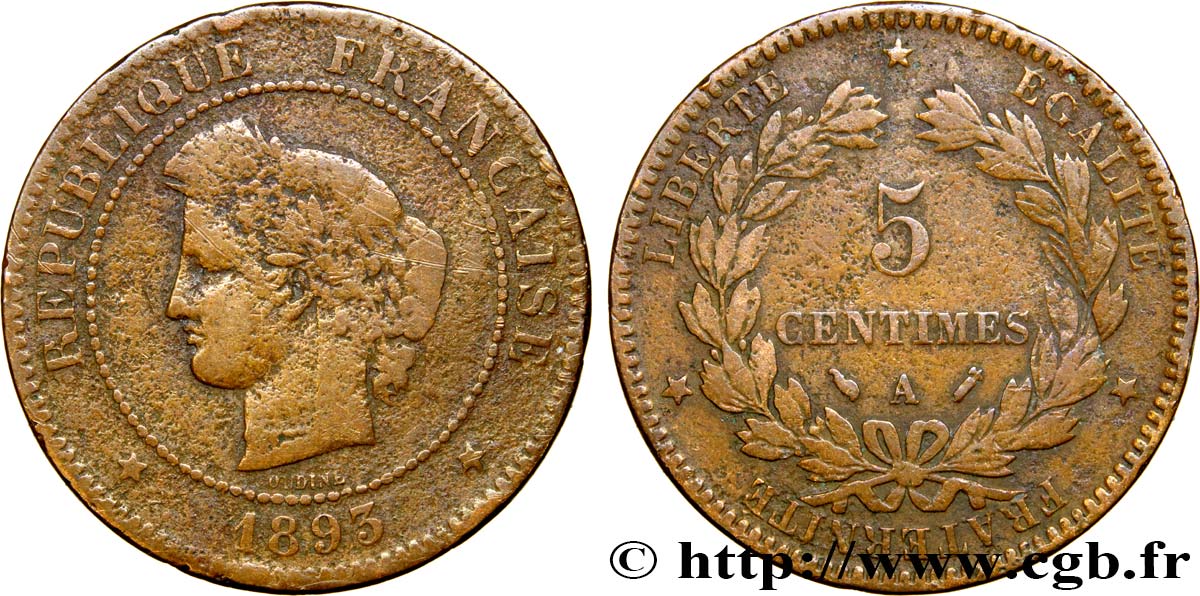 5 centimes Cérès 1893 Paris F.118/35 B+ 