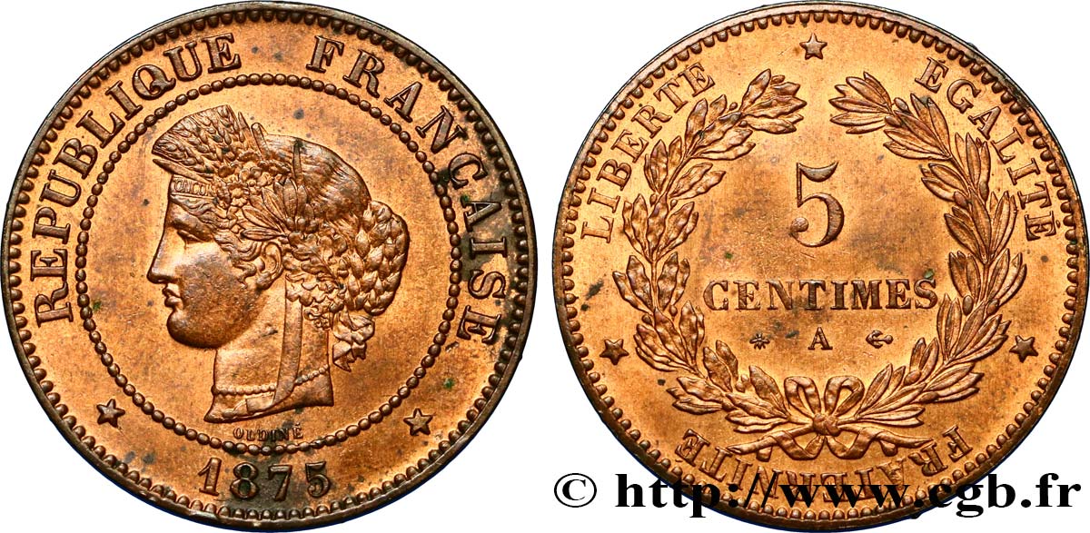5 centimes Cérès 1875 Paris F.118/11 SPL62 