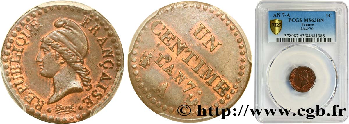 Un centime Dupré, grand 7 1799 Paris F.100/16 MS63 PCGS