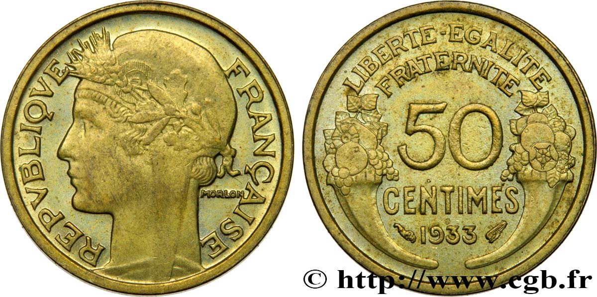 50 centimes Morlon, sans raisin, 9 ouvert 1933  F.192/10 MS62 