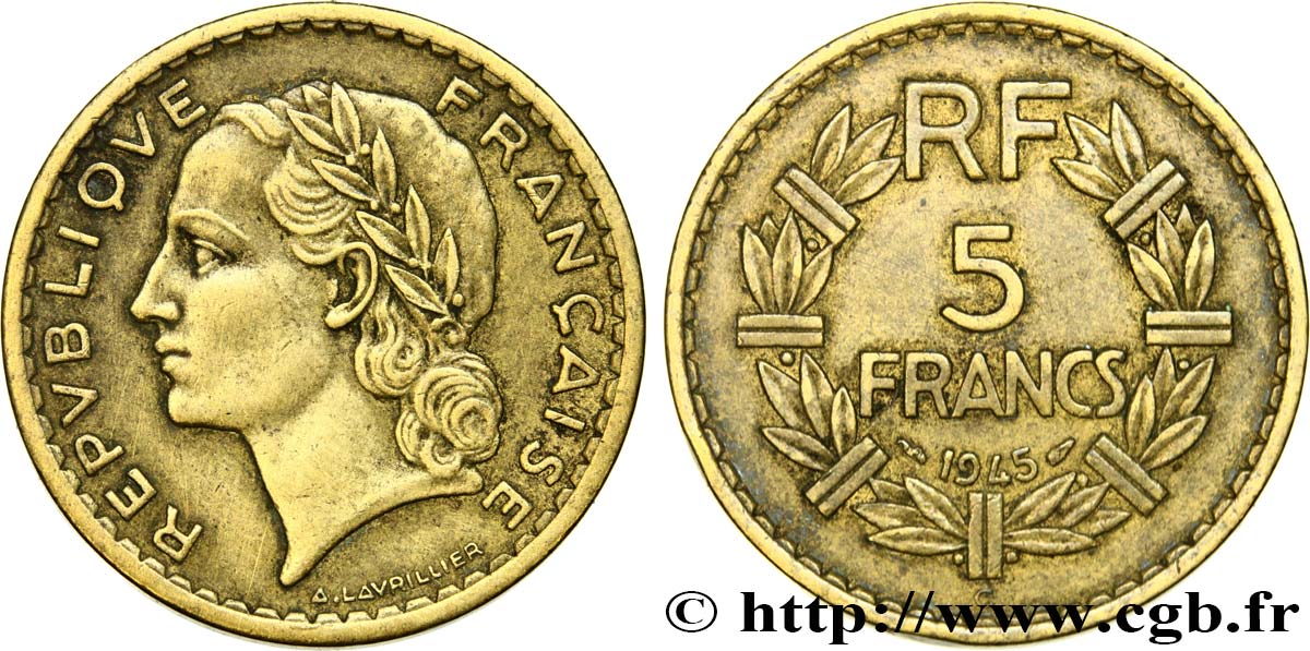 5 francs Lavrillier, bronze-aluminium 1945 Castelsarrasin F.337/6 MBC 