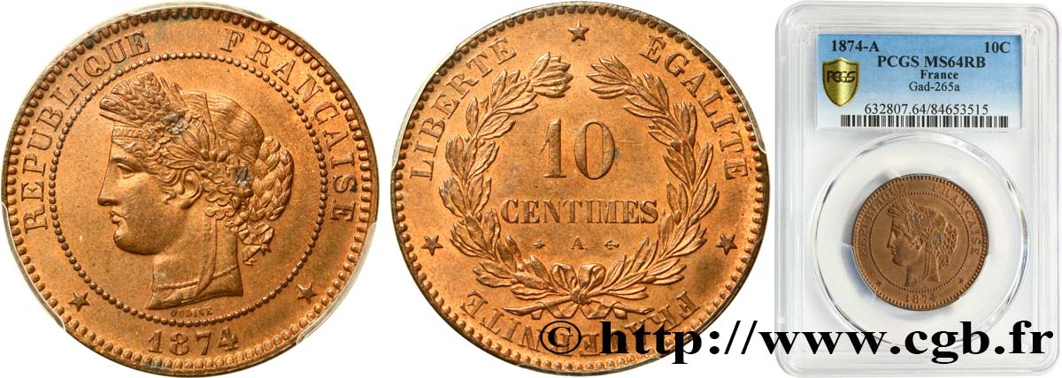 10 centimes Cérès 1874 Paris F.135/12 SPL64 PCGS