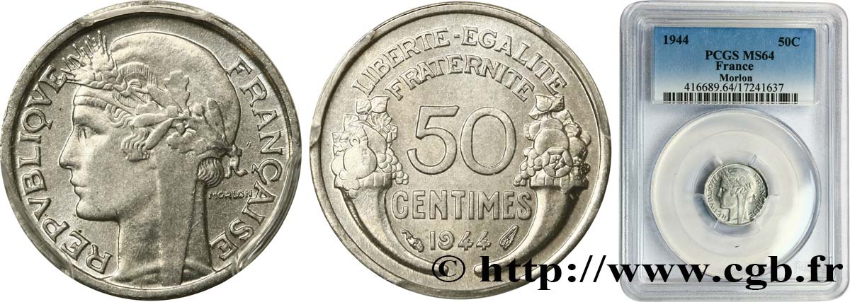 50 centimes Morlon, légère 1944  F.194/3 SPL64 PCGS