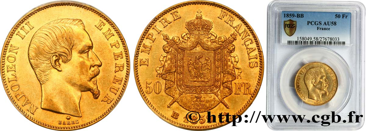 50 francs or Napoléon III, tête nue 1859 Strasbourg F.547/8 SPL58 PCGS
