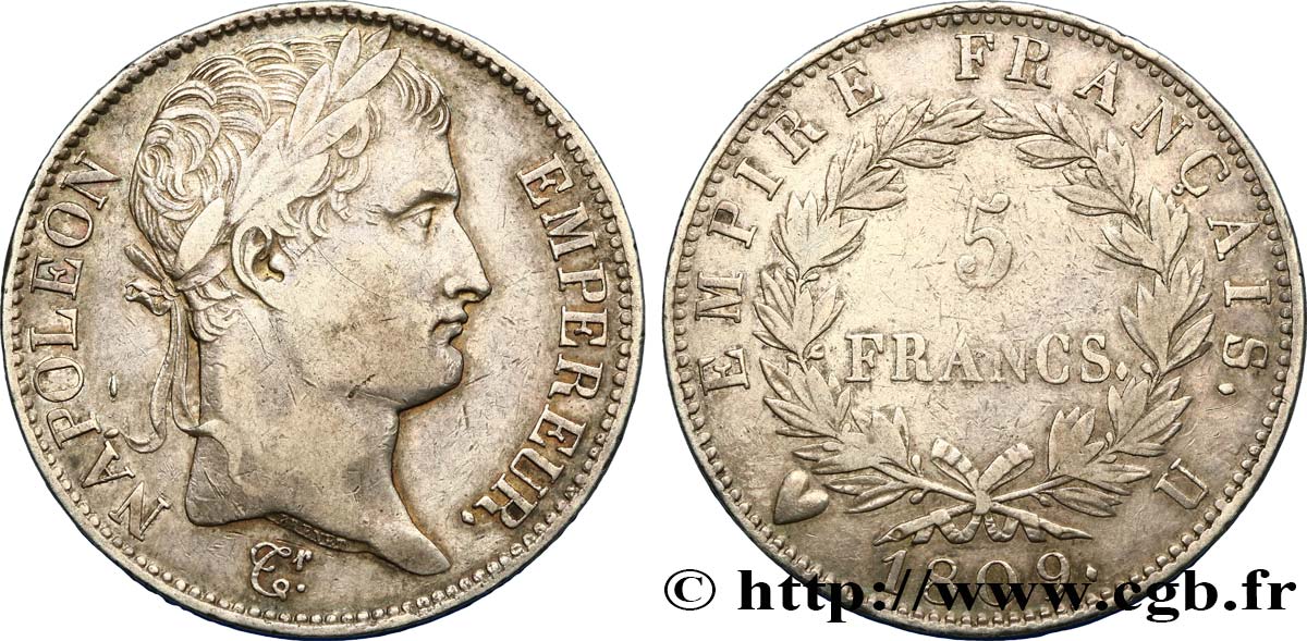 5 francs Napoléon Empereur, Empire français 1809 Turin F.307/12 XF40 