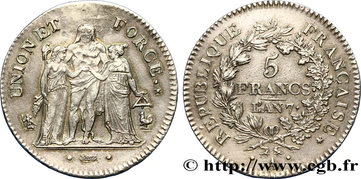 5 francs Union et Force, Union serré, seulement gland extérieur 1799 Paris F.288/98 AU 