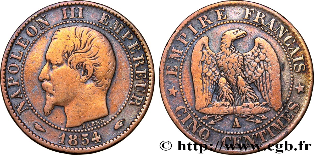 Cinq centimes Napoléon III, tête nue 1854 Paris F.116/8 TB30 