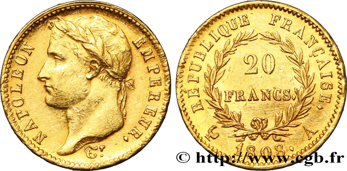 20 francs or Napoléon tête laurée, République française 1808 Paris F.515/2 TTB52 