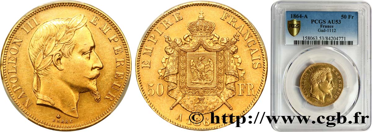 50 francs or Napoléon III, tête laurée 1864 Paris F.548/4 MBC53 PCGS