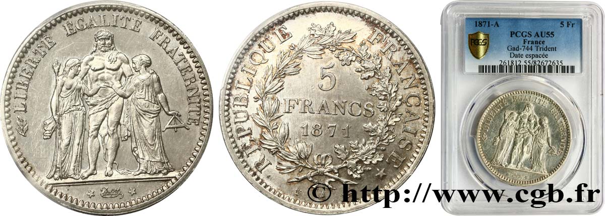 5 francs Hercule, dite “Camélinat” 1871 Paris F.334/4 SPL55 PCGS