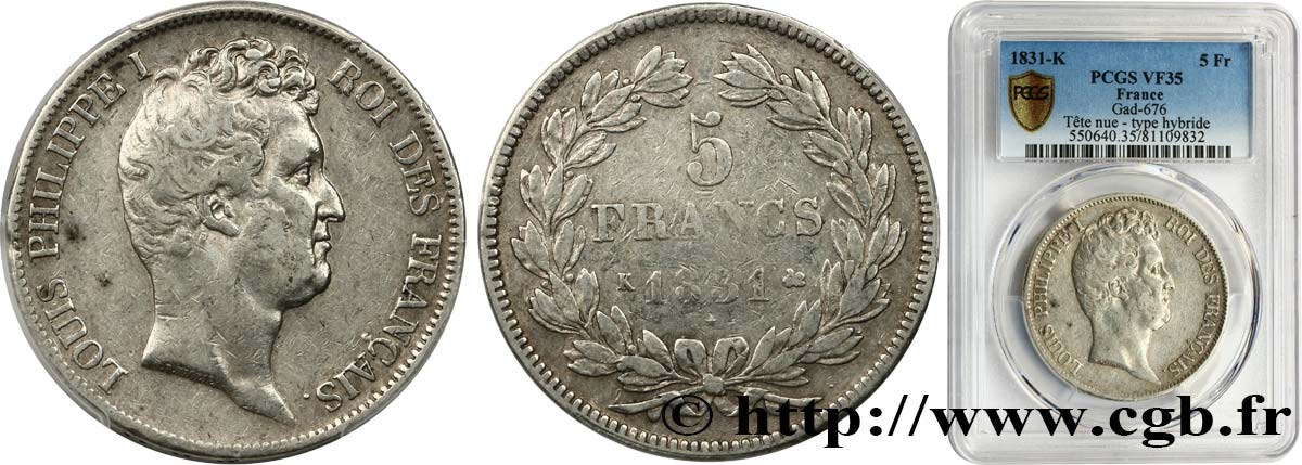 5 francs type Tiolier avec le I, Hybride, tranche en creux 1831 Bordeaux F.317/1 S35 PCGS