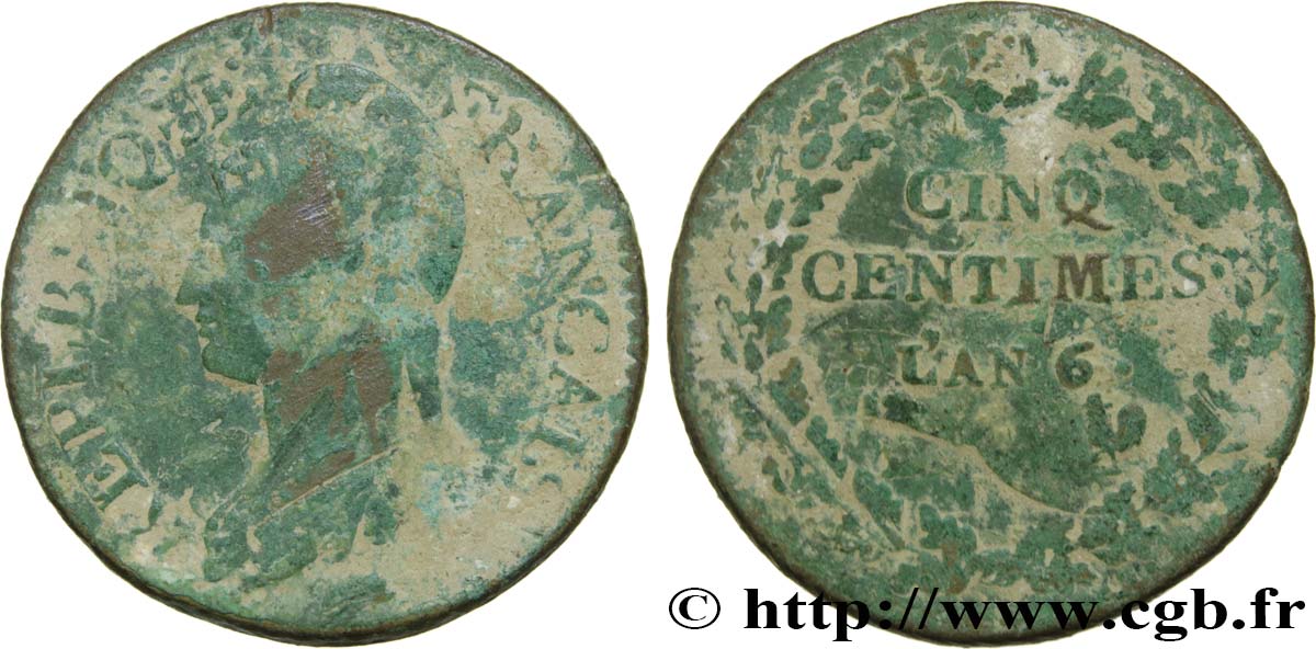 Cinq centimes Dupré, grand module,  refrappage  du décime 1798 Paris F.114/16 BC25 