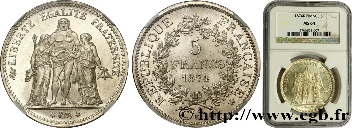 5 francs Hercule 1874 Bordeaux F.334/13 fST64 NGC