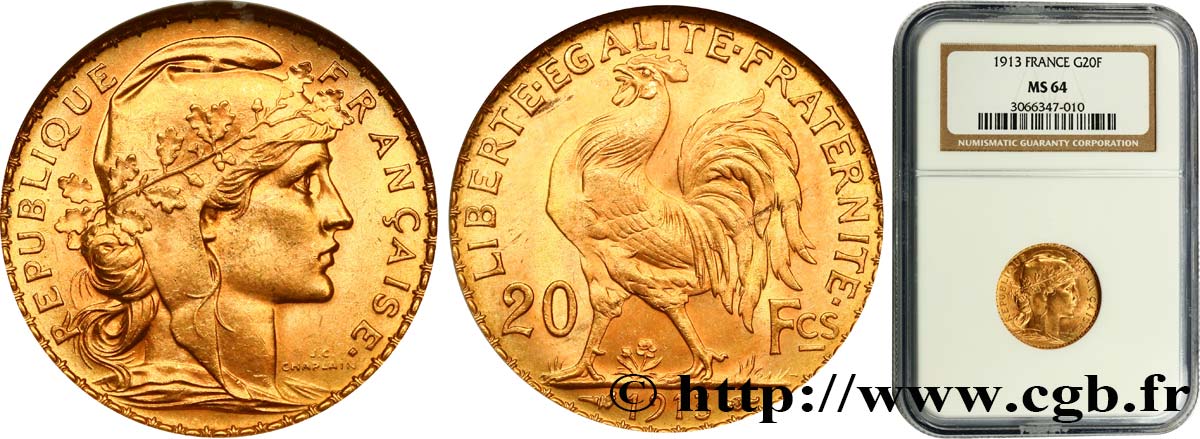 20 francs or Coq, Liberté Égalité Fraternité 1913 Paris F.535/7 SC64 NGC