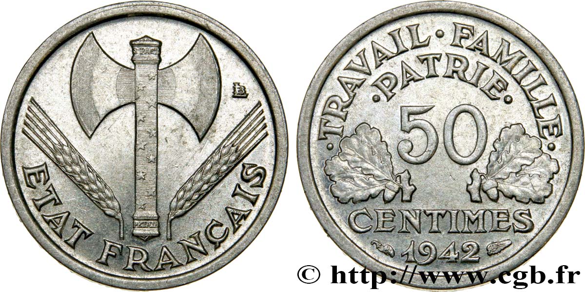 50 centimes Francisque, lourde 1942 Paris F.195/3 SUP60 