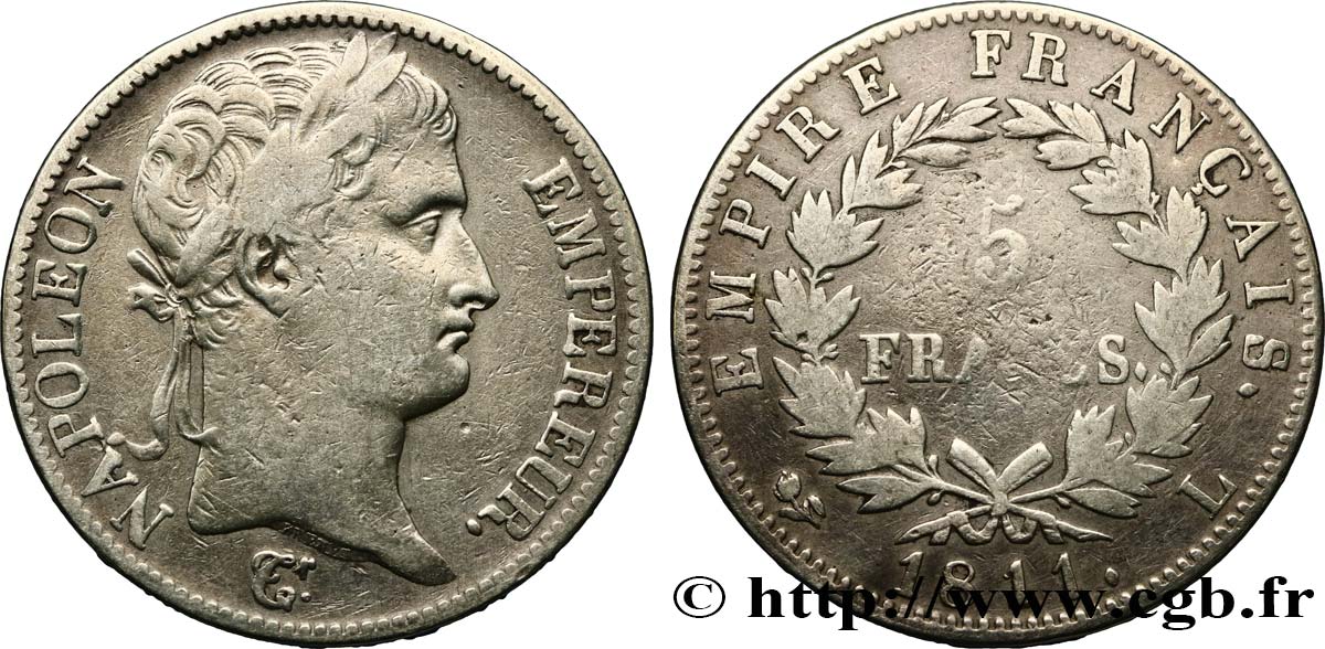 5 francs Napoléon Empereur, Empire français 1811 Bayonne F.307/34 TB 