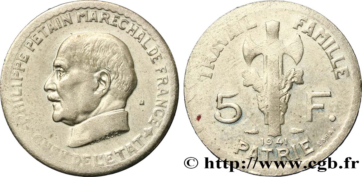 Essai de 5 francs Pétain en maillechort, 2e projet de Bazor 1941 Paris GEM.142 37 BC+ 