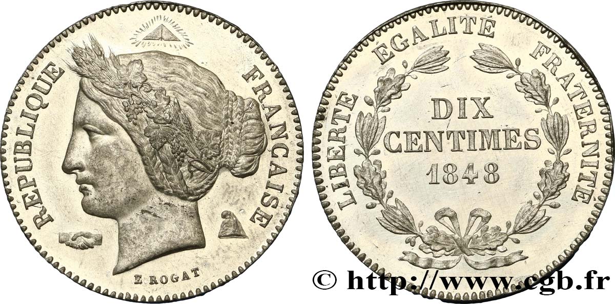 Concours de 10 centimes, essai en étain par Rogat, premier concours, deuxième revers 1848 Paris VG.3152 var. VZ60 