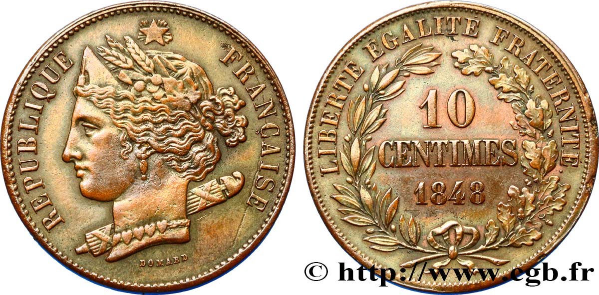 Concours de 10 centimes, essai en cuivre par Domard, second avers, premier revers 1848 Paris VG.3138  BB 