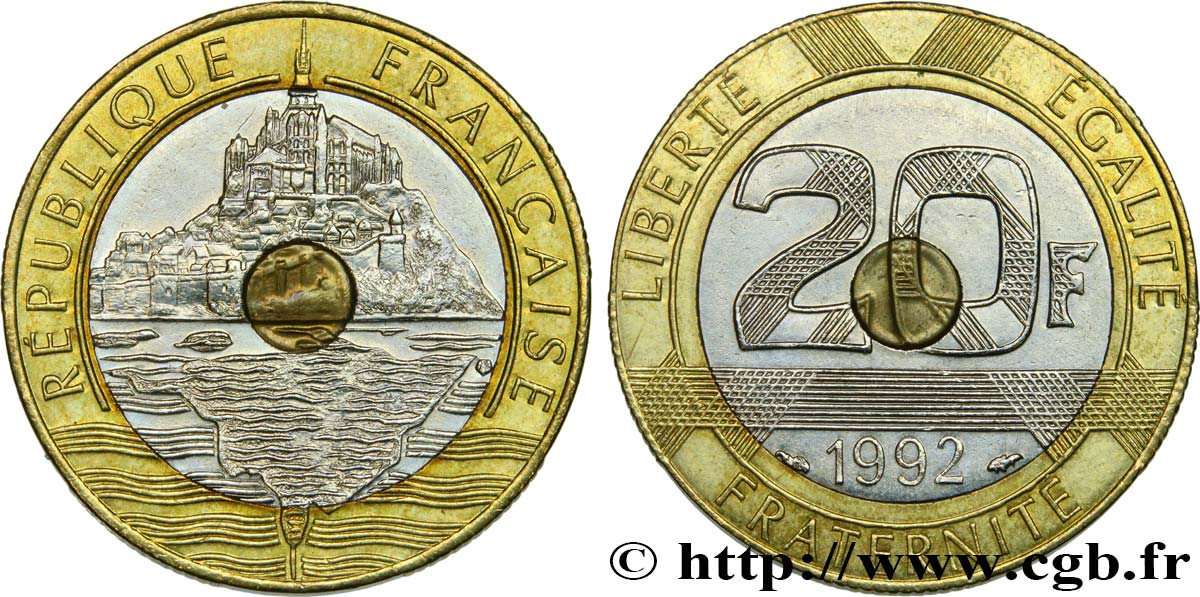 20 francs Mont Saint-Michel, 5 cannelures, \ / ouvert 1992 Pessac F.403/3 AU55 