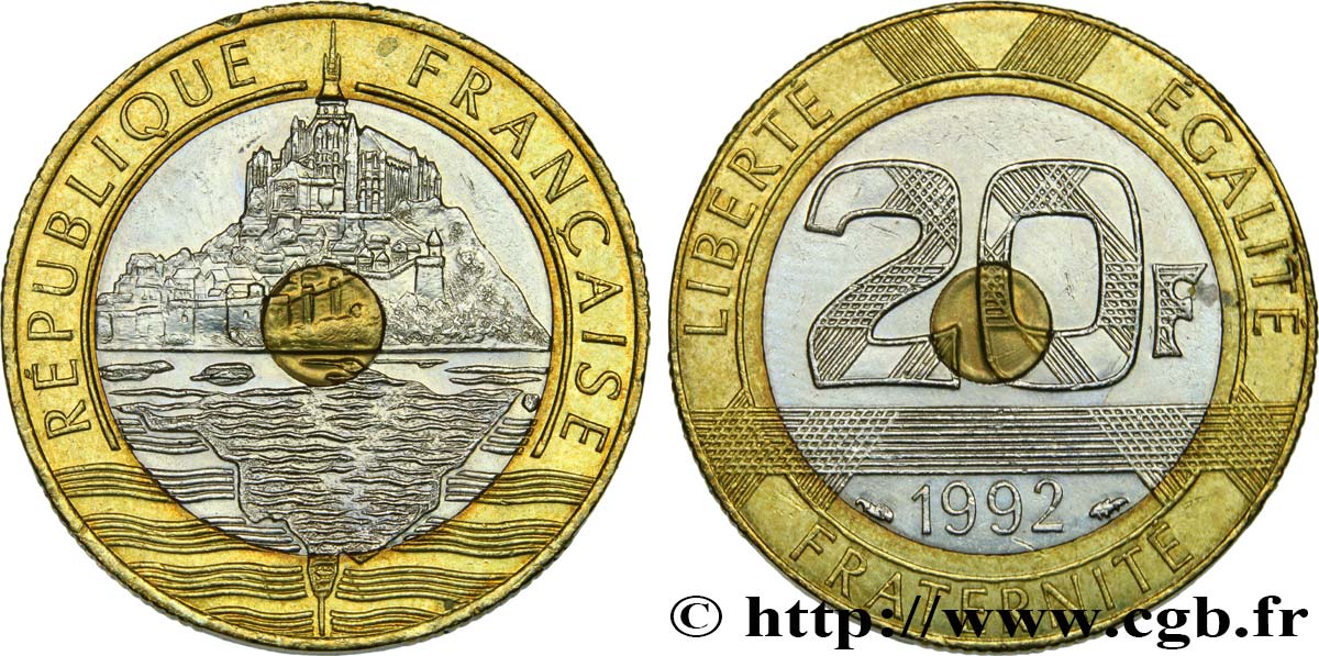 20 francs Mont Saint-Michel, 5 cannelures, \ / ouvert 1992 Pessac F.403/3 TTB50 