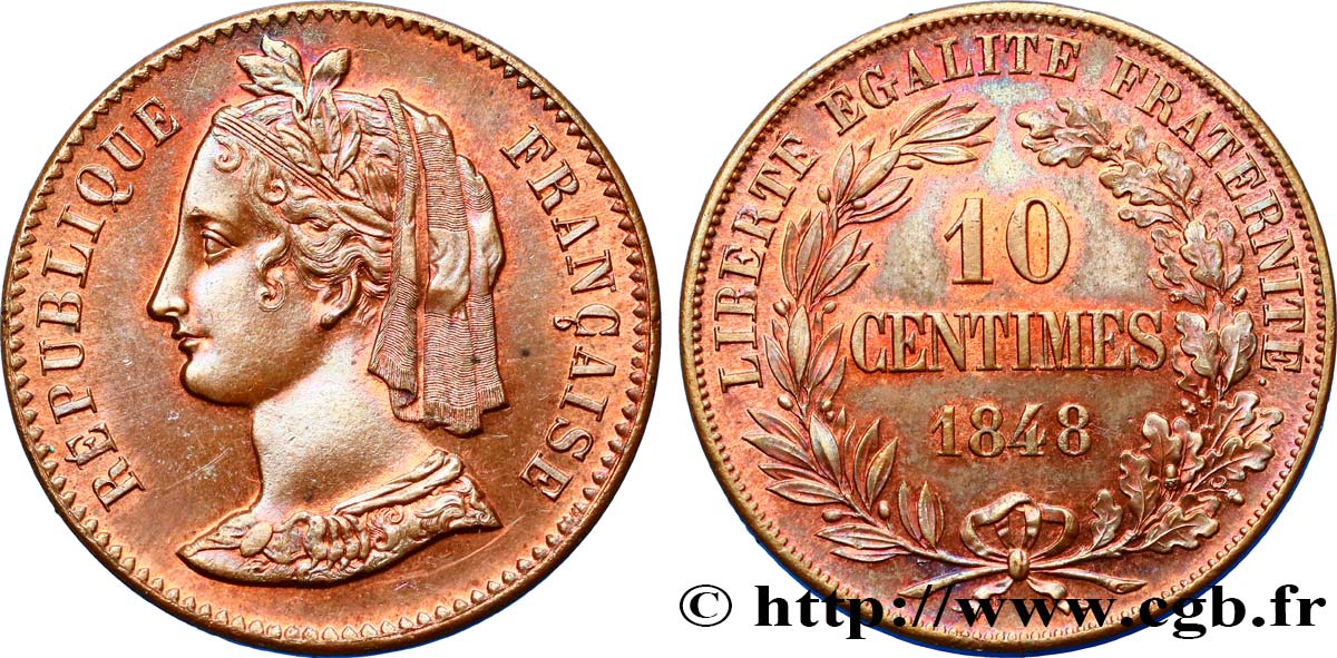 Concours de 10 centimes, essai en cuivre par Rogat, troisième concours, premier revers 1848 Paris VG.3188  SPL60 