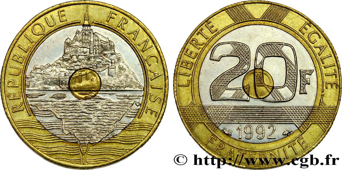 20 francs Mont Saint-Michel, 5 cannelures, \ / ouvert 1992 Pessac F.403/3 BB52 