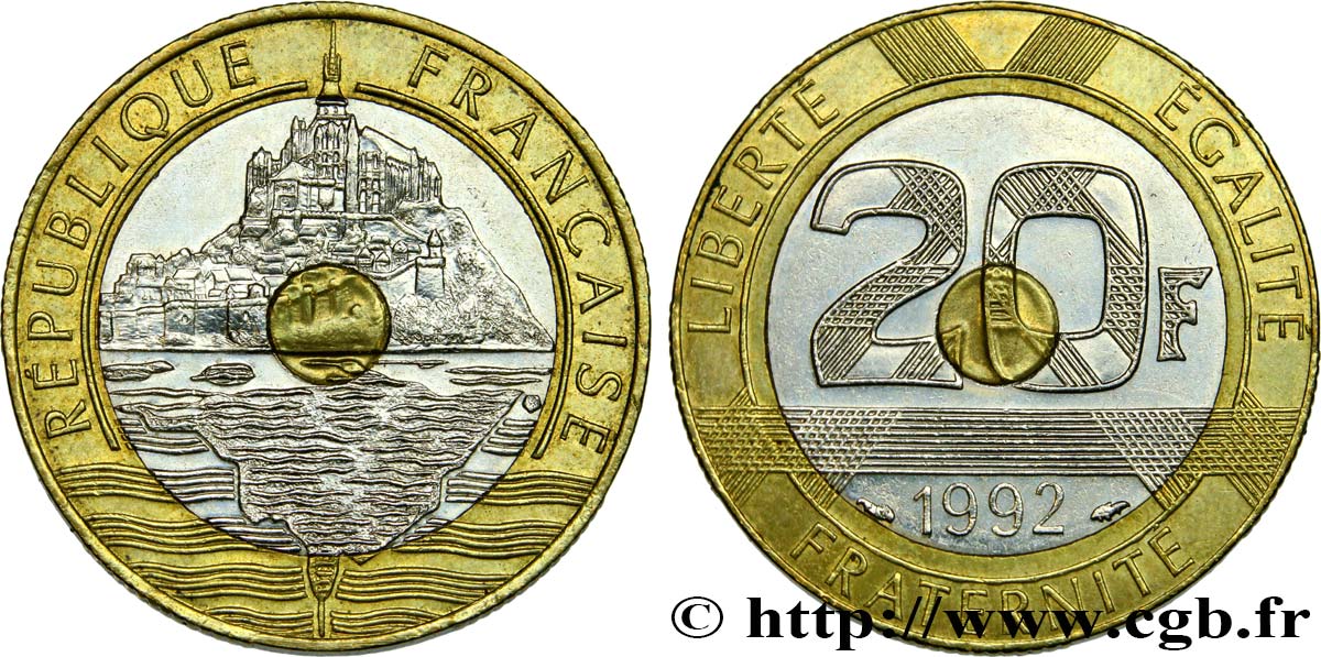 20 francs Mont Saint-Michel, 5 cannelures, \ / ouvert 1992 Pessac F.403/3 AU52 