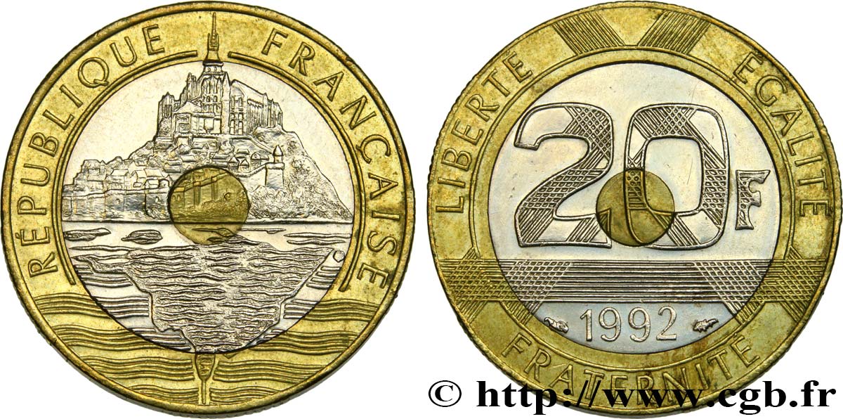 20 francs Mont Saint-Michel, 5 cannelures, \ / ouvert 1992 Pessac F.403/3 SUP55 
