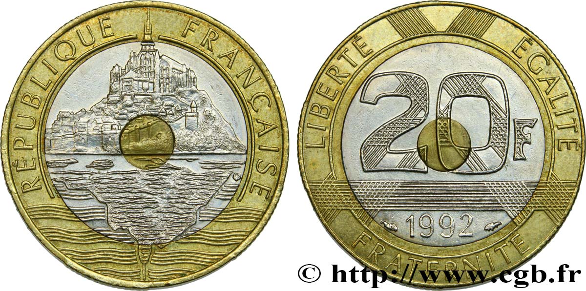 20 francs Mont Saint-Michel, 5 cannelures, \ / ouvert 1992 Pessac F.403/3 TTB52 