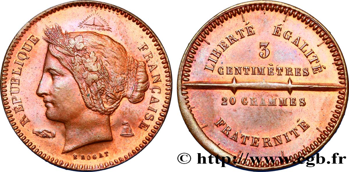 Concours de 10 centimes, essai en cuivre par Rogat, premier concours, cinquième revers 1848 Paris VG.3204  MS60 