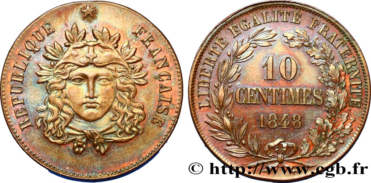 Concours de 10 centimes, essai en cuivre Gayrard, premier concours, troisième revers 1848 Paris VG.3141 var. q.SPL 