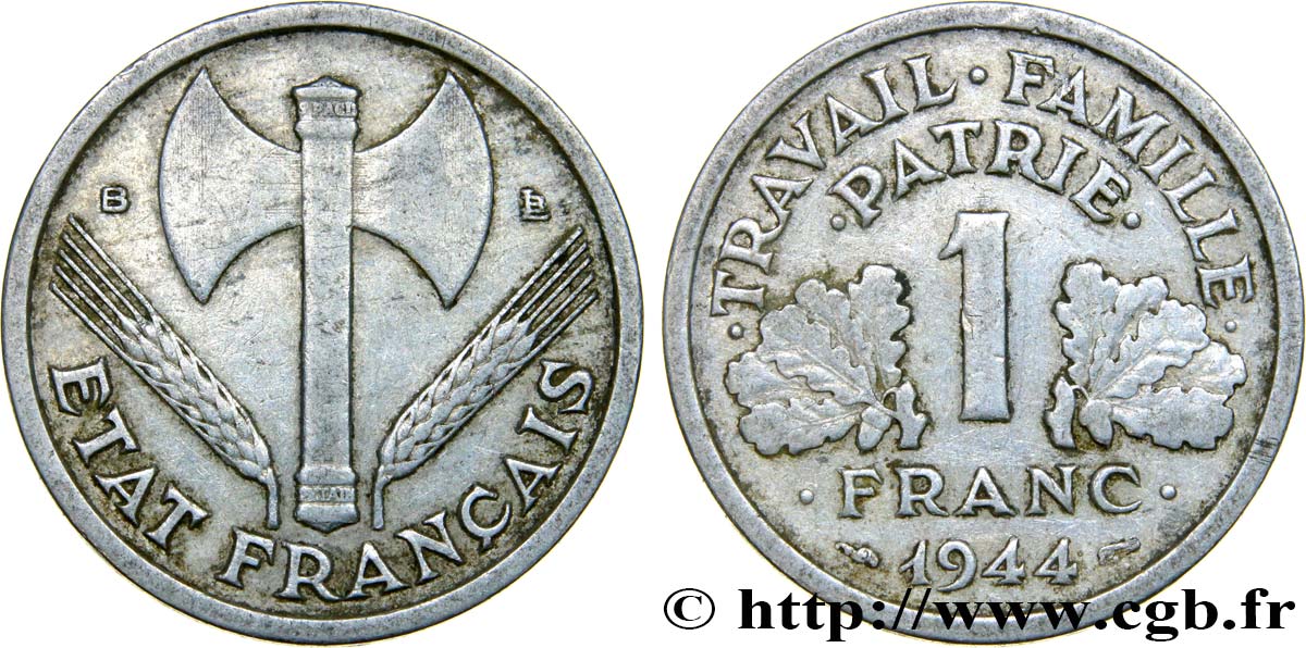 Monnaie France 1 Franc Francisque 1944 C, Aluminium, Poids Léger (1.30g), état TTB