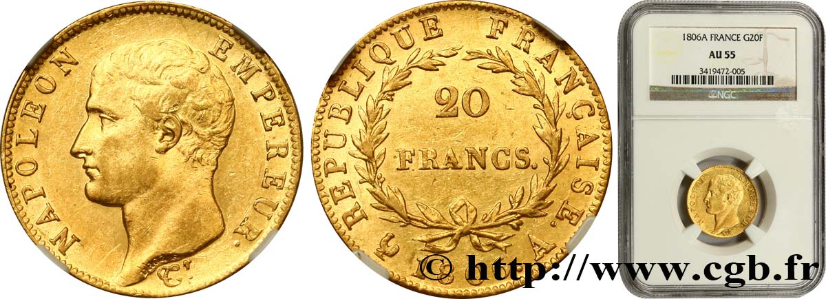 20 francs or Napoléon tête nue, Calendrier grégorien 1806 Paris F.513/1 VZ55 NGC