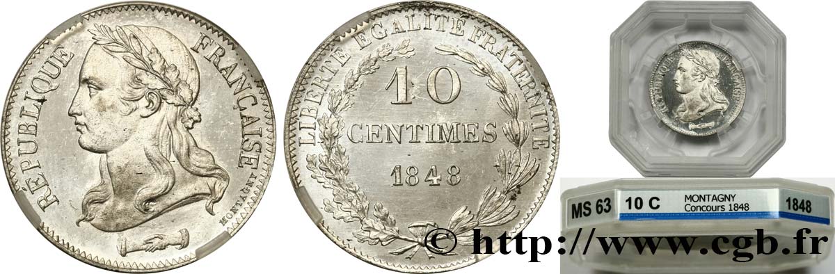 Concours de 10 centimes, essai en étain par Montagny, deuxième revers, effigie au col nu 1848 Paris VG.3147 var. SPL63 GENI
