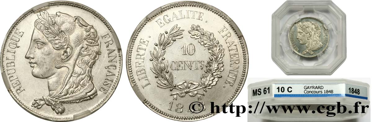 Concours de 10 centimes, essai en étain par Gayrard, deuxième concours, premier avers, troisième revers 1848 Paris VG.3142  var MS61 GENI